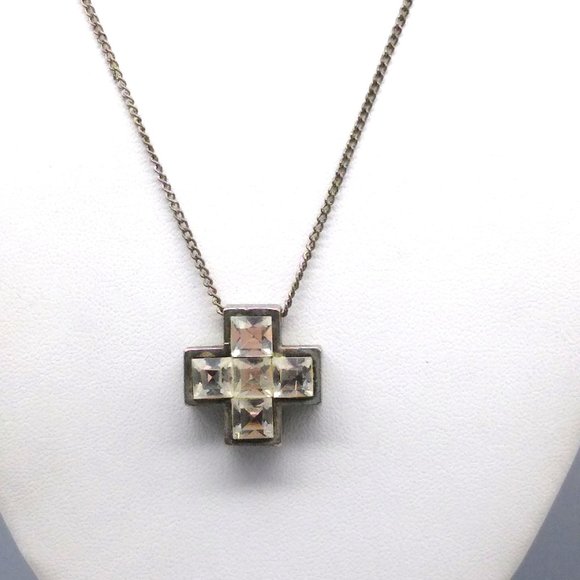 Distressed Crystal Cross Pendant Necklace, Retro Grunge with Square Cut Stones o - Picture 5 of 5